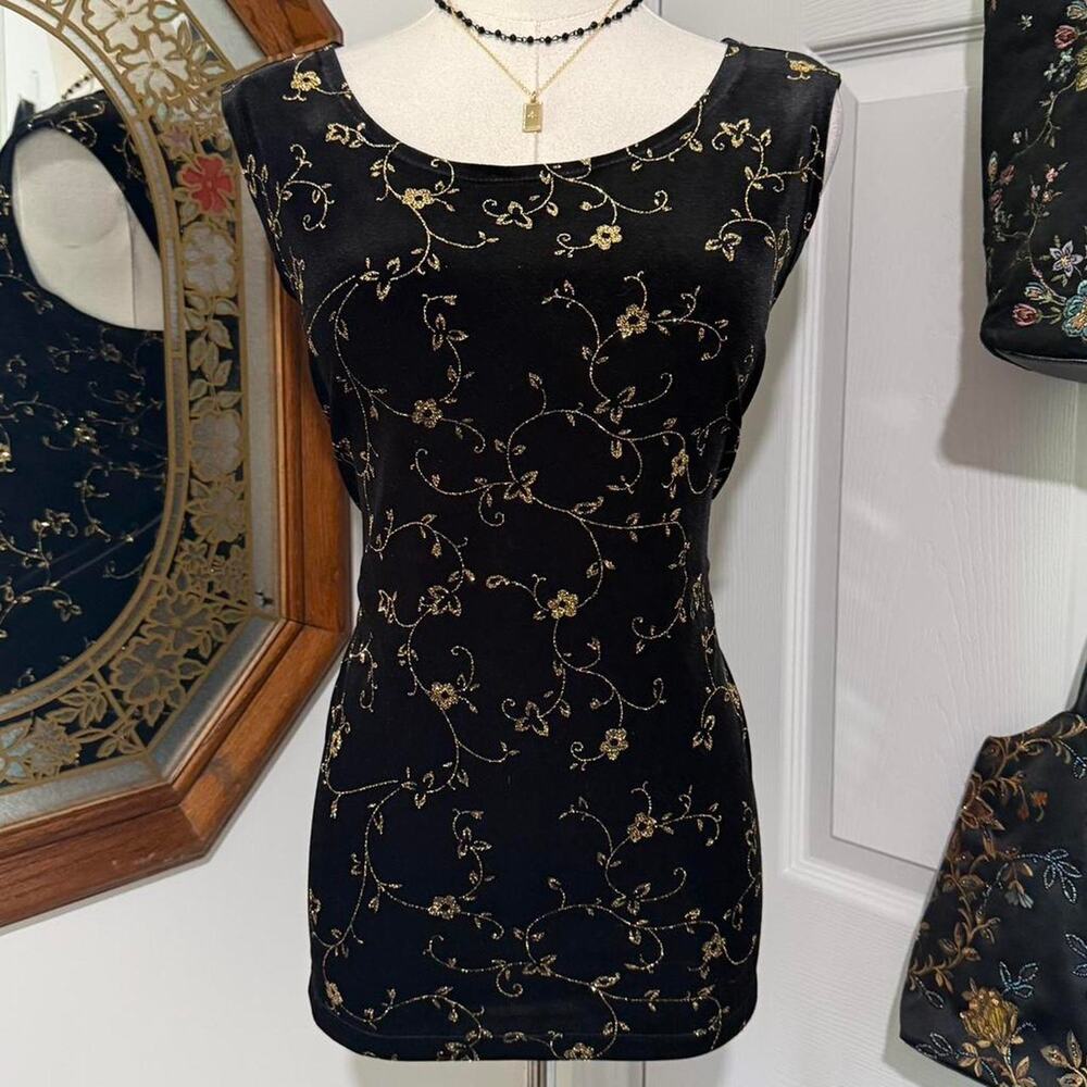 VTG Y2K Notations Black Velvet & Gold Glittery Floral Glam Goth Tank Top XL/XXL